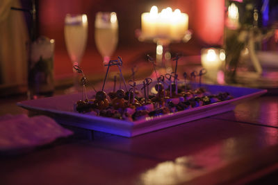 Close-up of food in tray on table