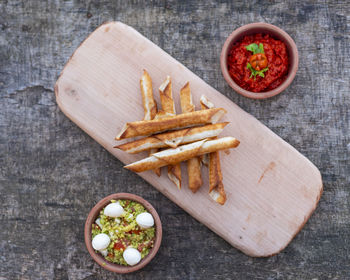 High angle view of food on cutting board