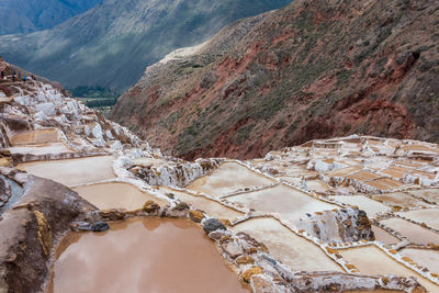 High angle view of townscape against mountain