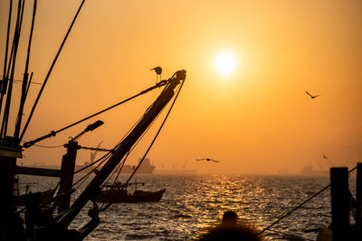 Silhouette birds flying over sea against sky during sunrise