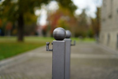 Close-up of metal on footpath in park