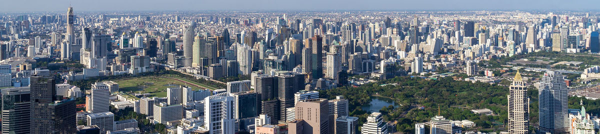 High angle view of modern buildings in city