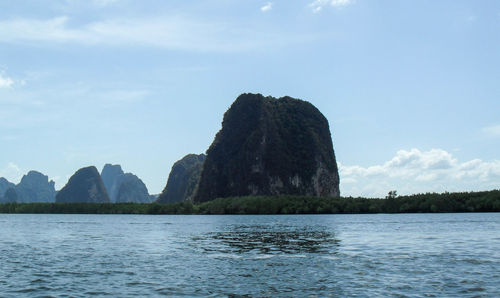 Tropical landscape phang nga province, thailand, mountain views the sea, beautiful sky background.