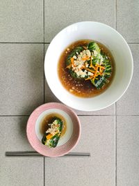 High angle view of meal served on table