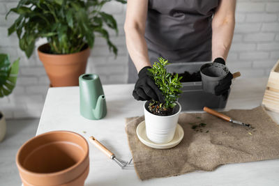 Midsection of man preparing food on table