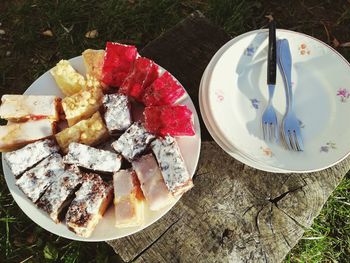 High angle view of ice cream in plate on table