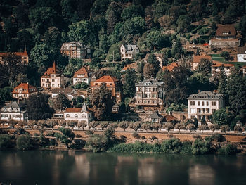 Town by river and buildings in city