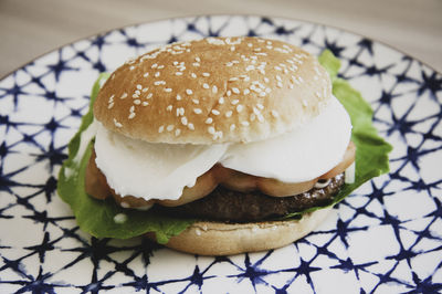 Close-up of burger on table