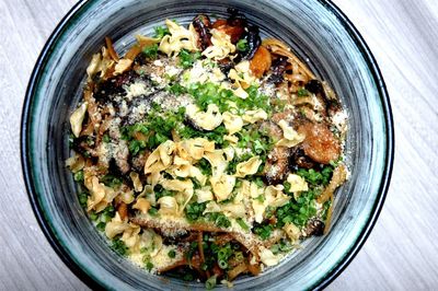 High angle view of food in bowl on table