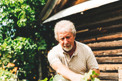 Portrait of senior man looking away while sitting outdoors