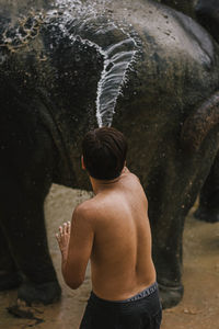 Rear view of shirtless man washing elephant with water pipe while standing in lake