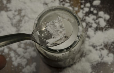 High angle view of ice cream in glass on table