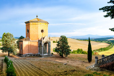 Church by building against sky