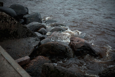 High angle view of rocks on sea shore