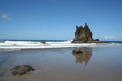 Rocks on beach against sky