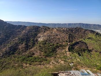 High angle view of land against sky