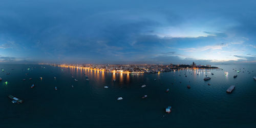 High angle view of city by sea against sky