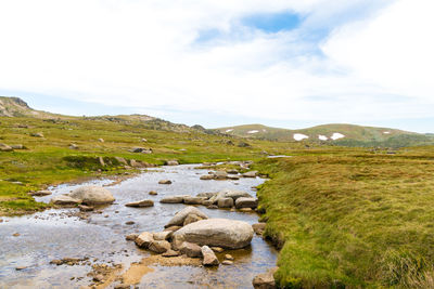 Scenic view of land and mountains against sky