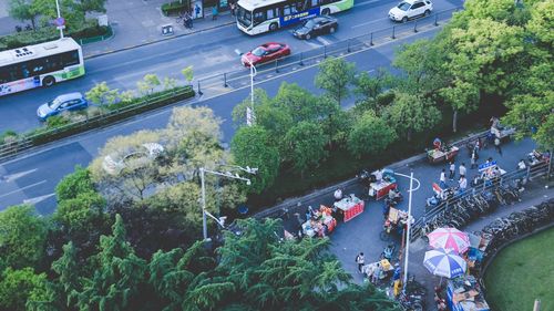 High angle view of people on street