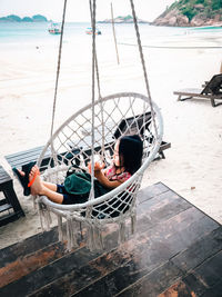 High angle view of boat in city