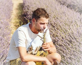Young man with lavender 