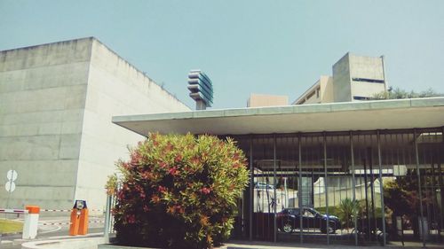 Low angle view of buildings against clear sky