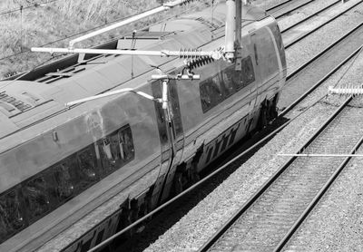 High angle view of train at railroad station