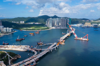 High angle view of boats in bay