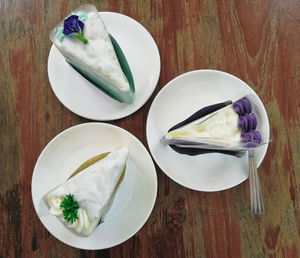 High angle view of ice cream in plate on table