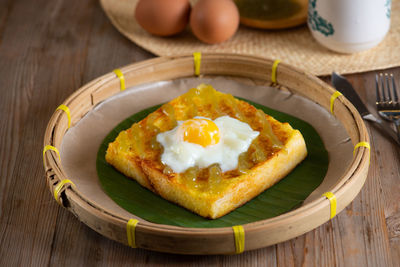 High angle view of breakfast served on table