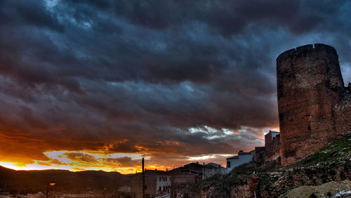 Low angle view of buildings against cloudy sky