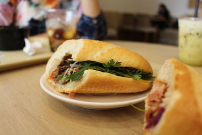 Close-up of burger on table