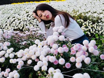 Beautiful woman with pink flowers against wall