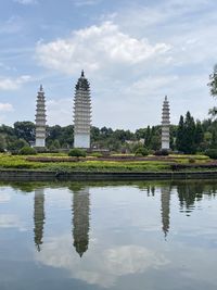 Reflection of building in lake against sky
