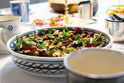 High angle view of meal served on table