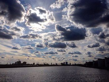 Cloudy sky over city at sunset