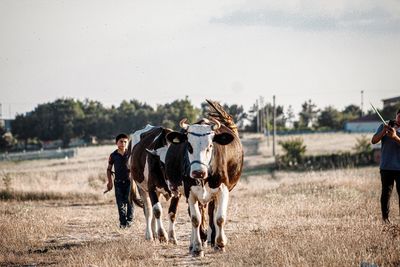 Panoramic view of people on land against sky