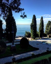 Scenic view of sea against clear blue sky