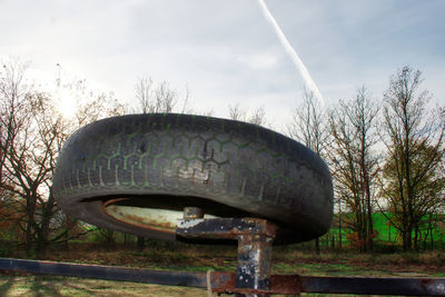 Low angle view of abandoned built structure against sky