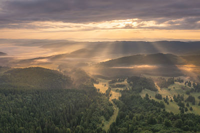 Aerial view of landscape against sky during sunset