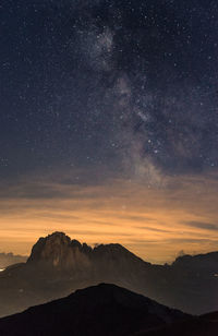 Scenic view of silhouette mountains against sky at night