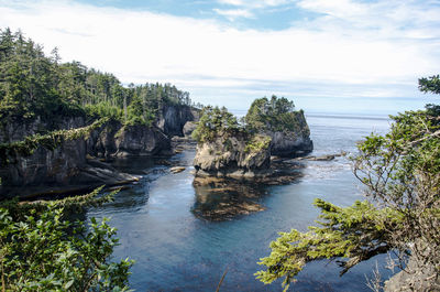 Scenic view of rock formations in sea