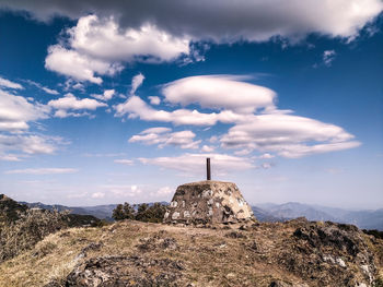 Low angle view of rock formation against sky