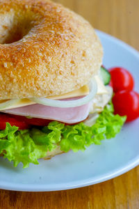 Close-up of burger in plate on table