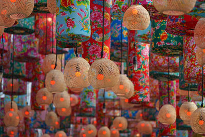 Low angle view of chinese lanterns hanging for sale in market
