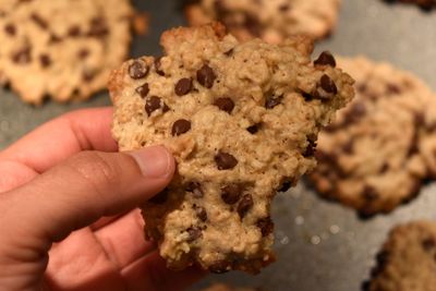 Oatmeal chocolate chip cookie in hand