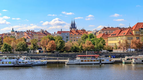 Boats in river by townscape against sky