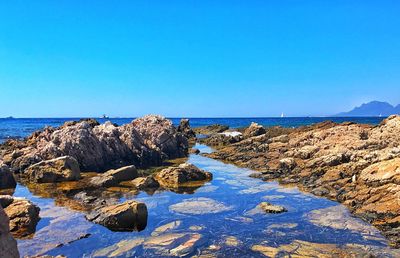 Scenic view of sea against clear blue sky