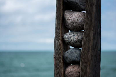 Close-up of wooden logs in sea against sky