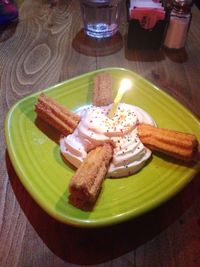 High angle view of cake in plate on table